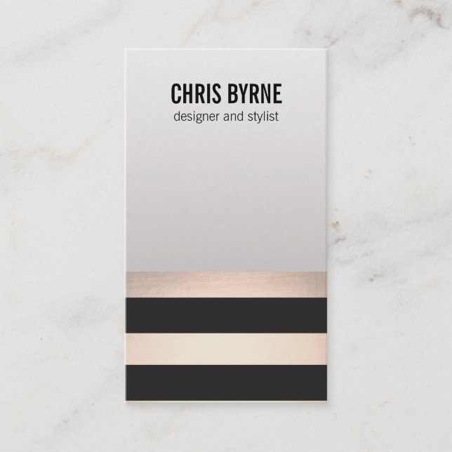 Cool Bold Modern Black and Rose Gold Striped Business Card (Front)