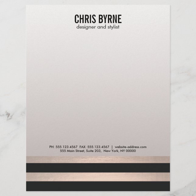 Cool Bold Modern Black and Rose Gold Striped Letterhead (Front)