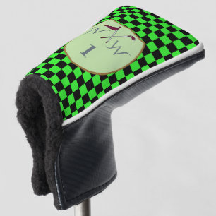 Cool Bold Neon Green & Black Checkered Monogram  Golf Head Cover