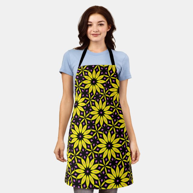 Cool Bold Yellow &Purple Geometric Floral Pattern  Apron (Worn)