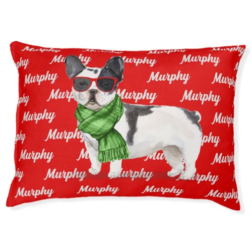 Cool Boston Terrier in Green Scarf with Dogs Name Pet Bed