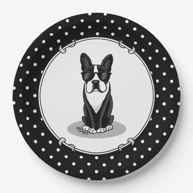 Cool Boston Terrier with Sunglasses (black) Dinner Paper Plates (Front)