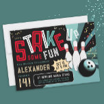 Cool Bowling Let's Strike Up Red Black Sport Party Invitation<br><div class="desc">Score big with our cool colorful bowling birthday party invitation! Featuring a burst of joy and vibrant modern typography in red, pastel turquoise and white and bowling elements against a black backdrop, this invitation sets the stage for an energetic celebration. With big, bold sporty fonts, it's perfect for your kid's...</div>