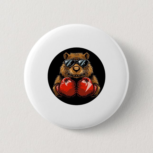Cool Boxing Beaver Design For A Knockout Style  Button (Front)