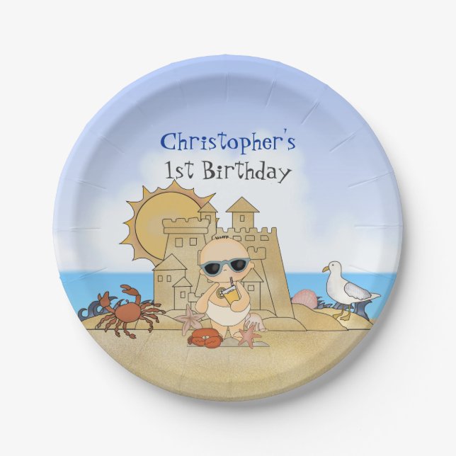 Cool Boy Beach Baby and Sandcastle 1st Birthday Paper Plates (Front)