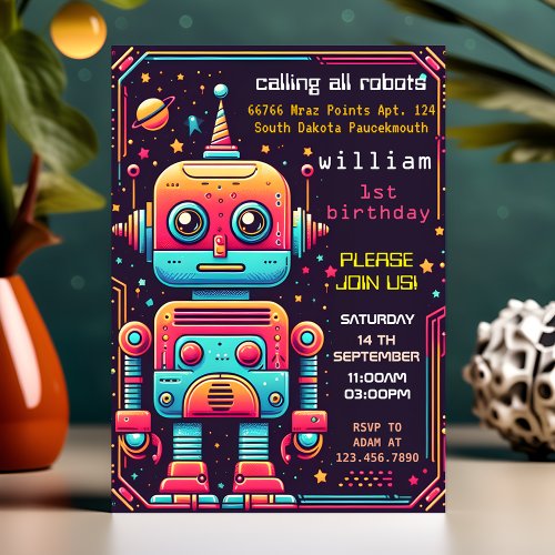 Cool boy cute Toy funny robot first 1st birthday Invitation