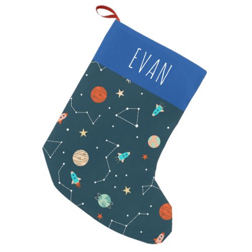 Cool Boy Outer Space Pattern With Name Kids Small Christmas Stocking