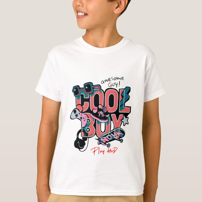 Cool Boy Typography with stylish Icons of Hobby T-Shirt (Front)