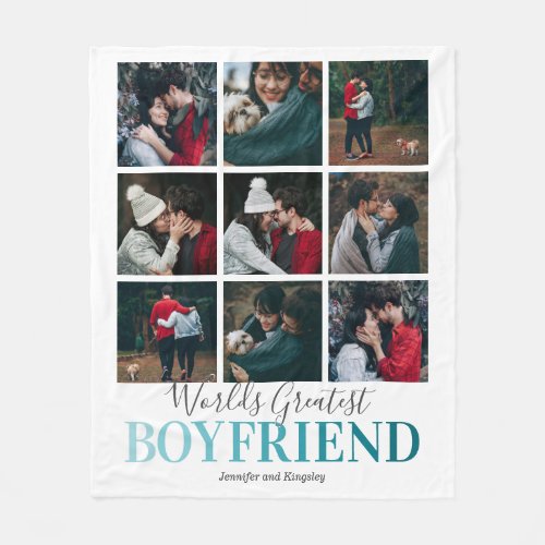 Cool Boyfriend Gift | Worlds Greatest Photo Fleece Blanket - Unique boyfriend gift fleecy blanket featuring a stylish white background that can be changed to any color, a 9 picture collage template for you to customize, the saying "worlds greatest boyfriend", and your names.