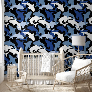 Cool boys beach shark nursery wallpaper