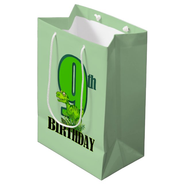Cool boys dinosaur party 9th medium gift bag (Front Angled)