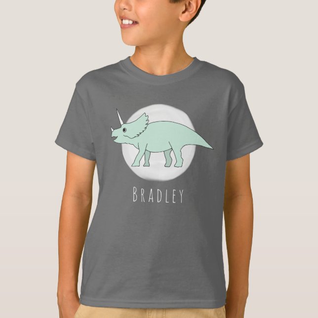 Cool Boy's Doodle Triceratops Dinosaur with Name T-Shirt (Front)