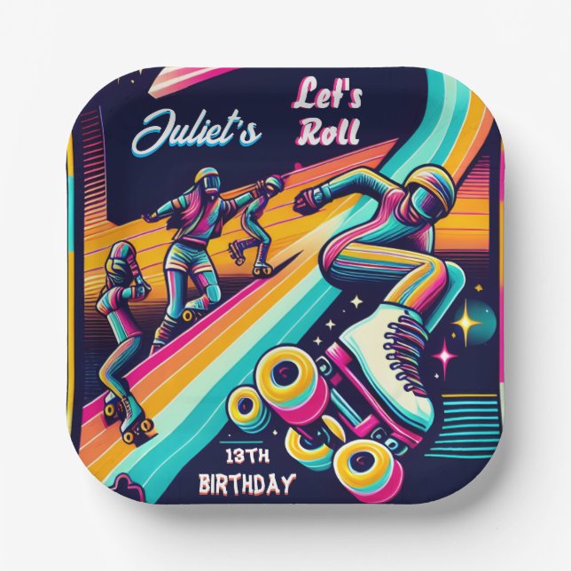 cool boys girls Roller Skating 13th Birthday Paper Plates (Front)