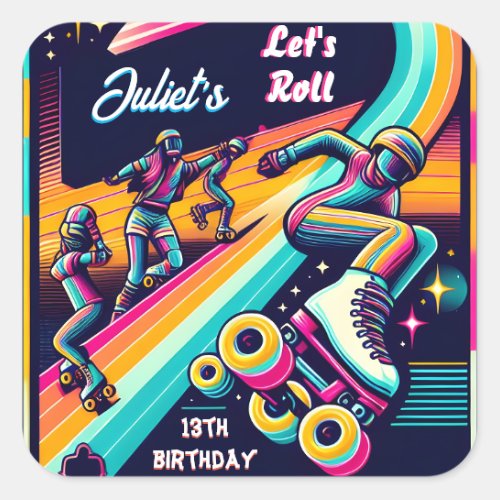 cool boys girls Roller Skating 13th Birthday Square Sticker