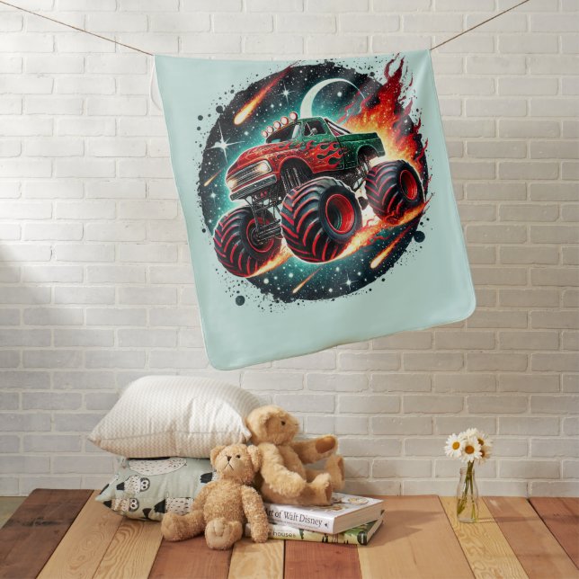 Cool boys monster truck add name  baby blanket (In Situ)