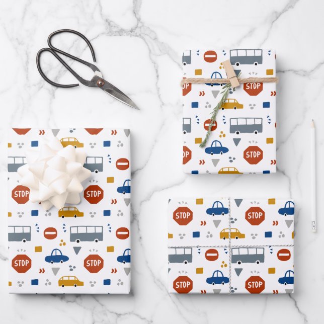 cool boys tiled transportation party  wrapping paper sheets (Front)