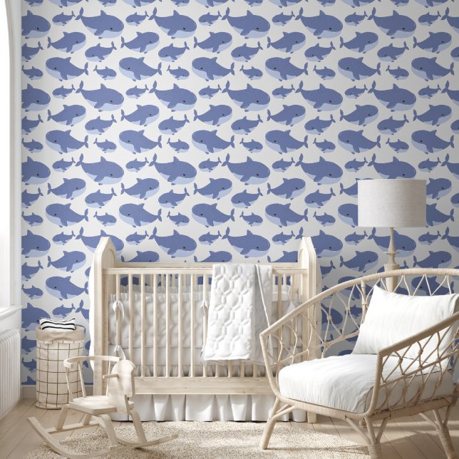 Cool boys tiled whale pattern nursery wallpaper  (Kids)