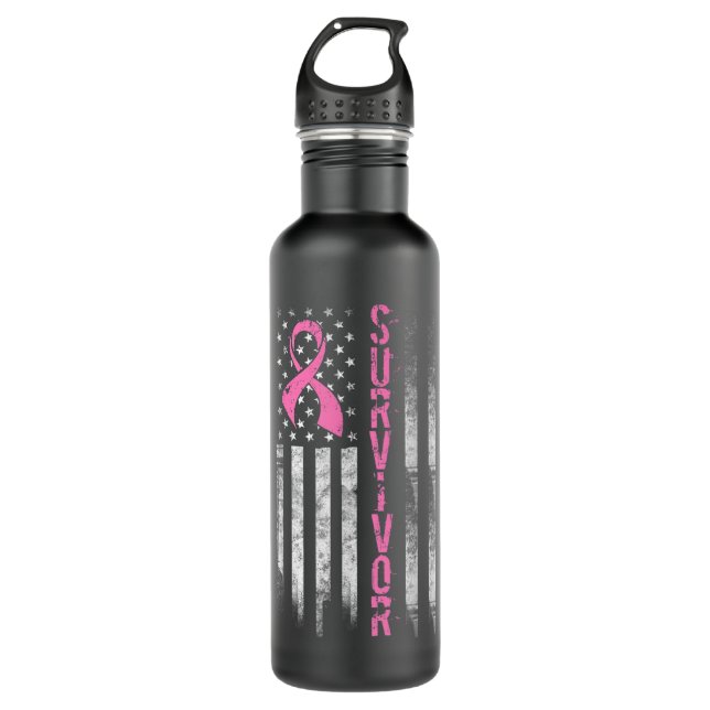 Cool Breast Cancer Survivor - Women Pink Flag Stainless Steel Water Bottle (Front)