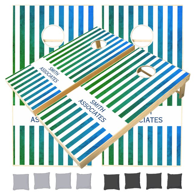Cool Breeze Blue Green White Vertical Stripes Name Cornhole Set (Creator Uploaded)