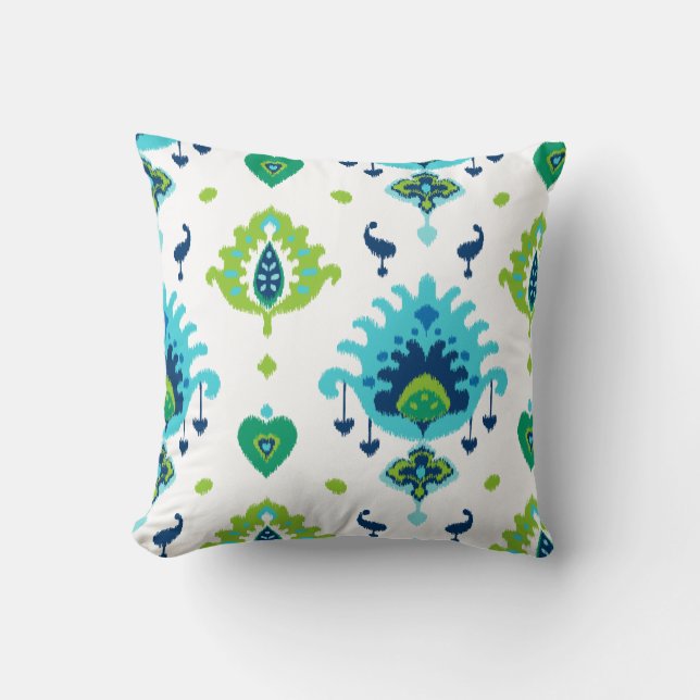 Cool bright blue and green tribal ikat print throw pillow (Front)