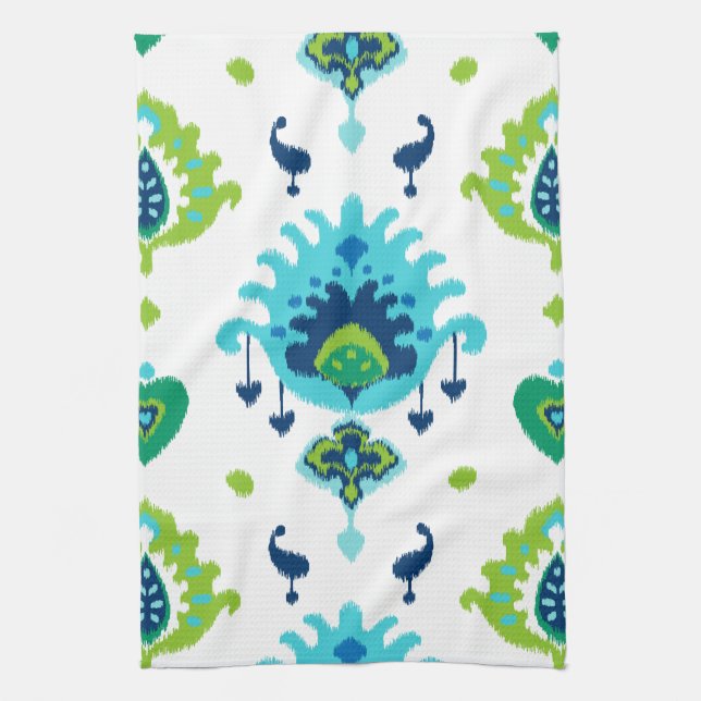 Cool bright blue and green tribal ikat print towel (Vertical)