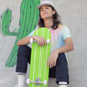 Cool Bright Green White Racing Stripes Monogrammed Skateboard