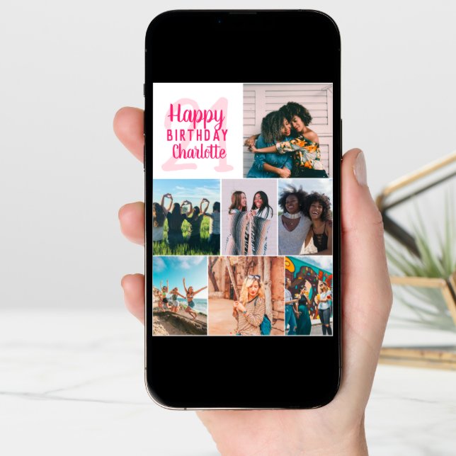 Cool bright pink photos collage grid 21 birthday card (Front Digital)