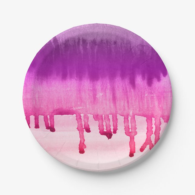 Cool Bright Pink Purple Watercolours Ombre Paper Plates (Front)