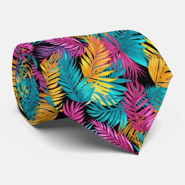 Cool bright tropical tiled leaf pattern neck tie (Rolled)