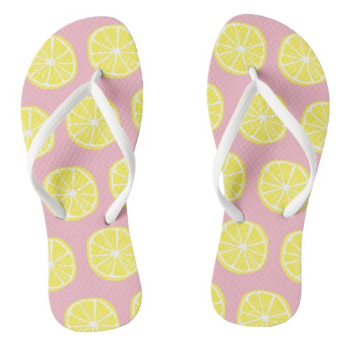 Cool Bright Yellow Citrus Lemon Slice Pattern Pink Flip Flops