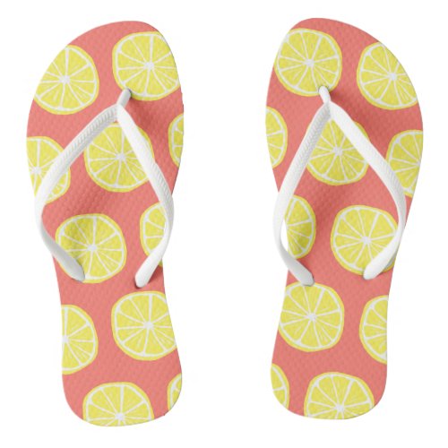 Cool Bright Yellow Lemon Slice Pattern on Coral Flip Flops