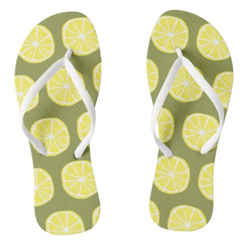 Cool Bright Yellow Lemon Slice Pattern on Green Flip Flops