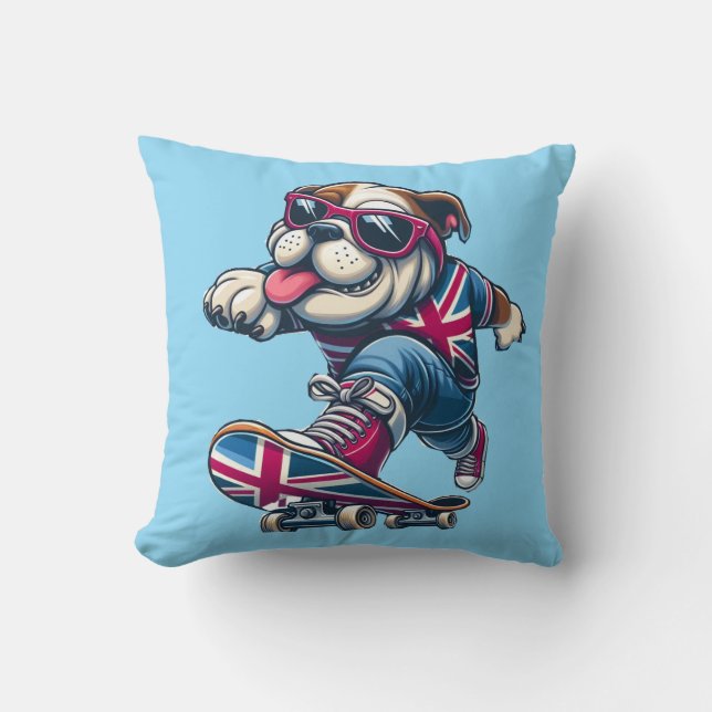 Cool British Bulldog on Skateboard  Throw Pillow (Front)