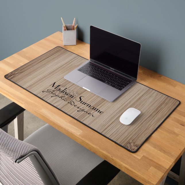 Cool brown bamboo wood print Your name Occupation Desk Mat (Office 2)