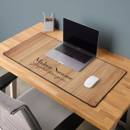 Cool brown bamboo wood print Your name Occupation Desk Mat