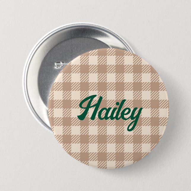 Cool brown beige gingham preppy plaid checked button (Front & Back)