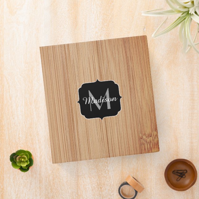 Cool brown burnt bamboo wood print Monogram 3 Ring Binder (In Situ)