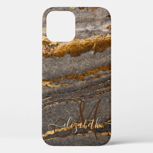 Cool Brown Gold Marble Texture Monogram iPhone 12 Case