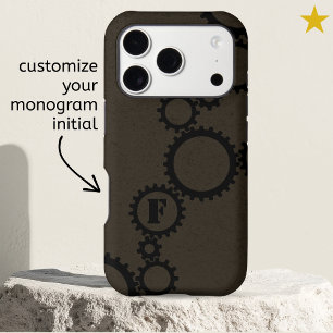 Cool Brown Grunge Cogs & Gears Monogrammed Initial iPhone 17 Pro Case