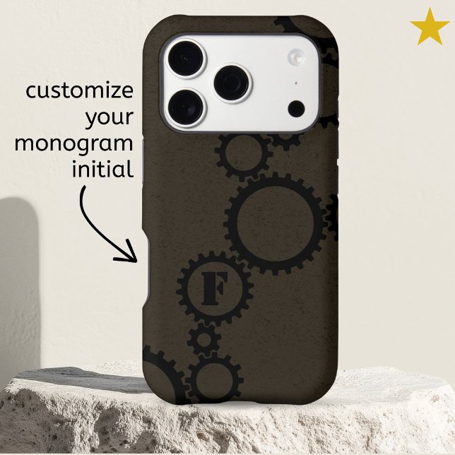 Cool Brown Grunge Cogs & Gears Monogrammed Initial Case-Mate iPhone Case (Creator Uploaded)
