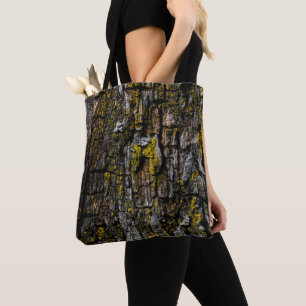 Cool Brown mossy wood bark with yellow lichen Tote Bag