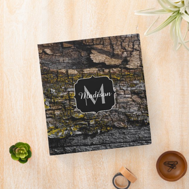 Cool Brown mossy wood bark yellow lichen Monogram Binder (In Situ)