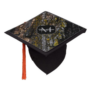 Cool Brown mossy wood bark yellow lichen Monogram Graduation Cap Topper