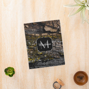 Cool Brown mossy wood bark yellow lichen Monogram Mini Binder