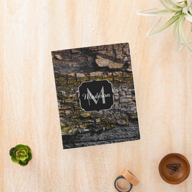 Cool Brown mossy wood bark yellow lichen Monogram Mini Binder (InSitu)