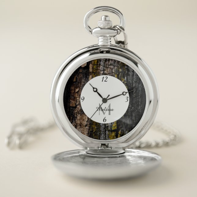Cool Brown mossy wood bark yellow lichen Monogram Pocket Watch (Inside)