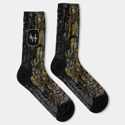 Cool Brown mossy wood bark yellow lichen Monogram Socks