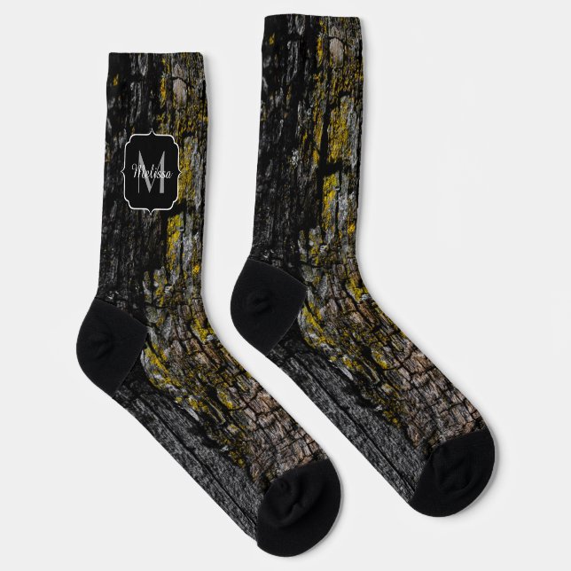 Cool Brown mossy wood bark yellow lichen Monogram Socks (Right)