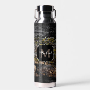 Cool Brown mossy wood bark yellow lichen Monogram Water Bottle