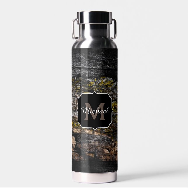 Cool Brown mossy wood bark yellow lichen Monogram  Water Bottle (Front)
